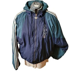 ADIDAS Bomber Jacket Green Blue Rain Proof Quilted Lining Elastic Cuff Band